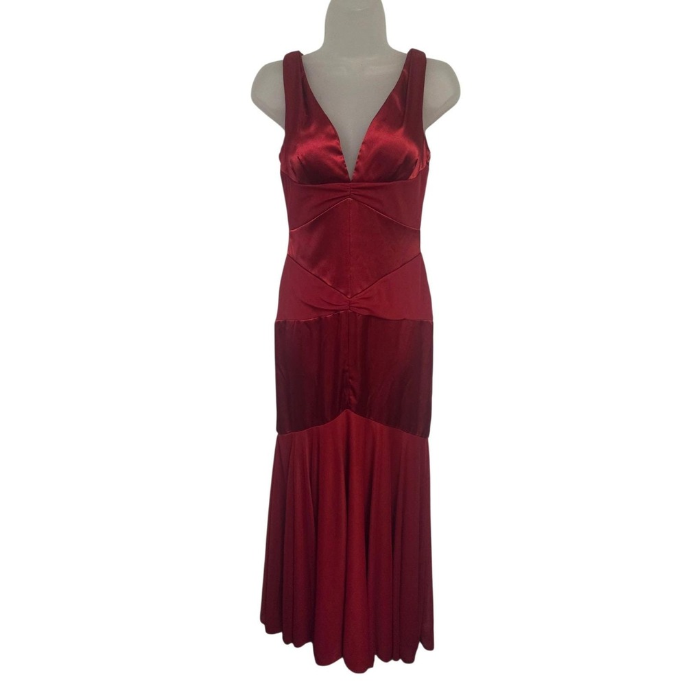 Vintage Cache Red Satin V-Neck Mermaid Gown Y2K Formal Prom Dress Womens